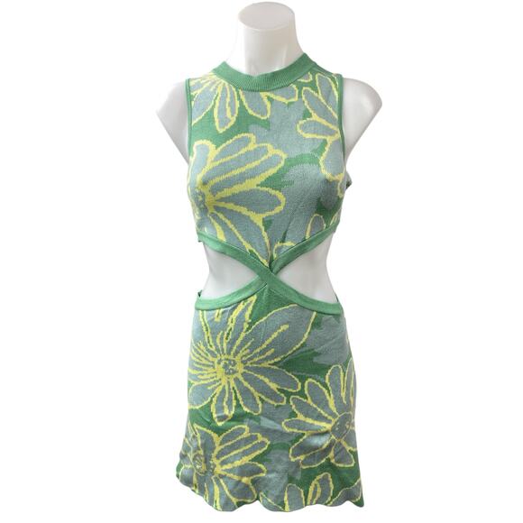 Mable Dresses & Skirts - Mable Green Floral Knit Sleeveless Crew neck Cut Out Mini Bodycon Tank Dress M